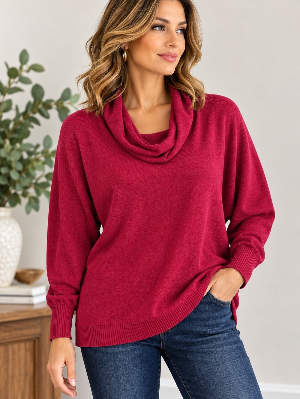 Chico’s Size 2 L Raspberry Cowl Neck Sweater Long Sleeve Ribbed Cuffs